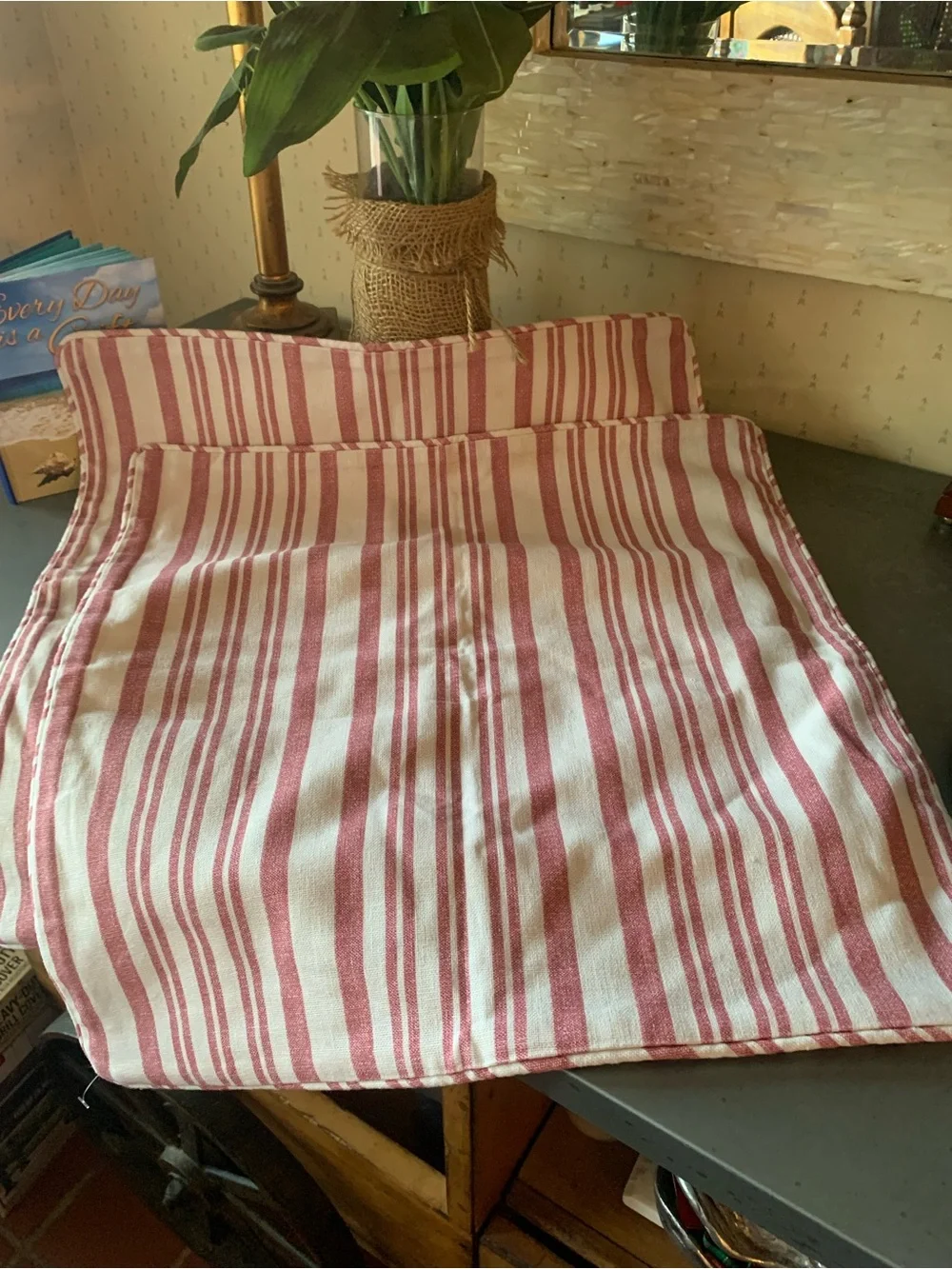 2 Pottery Barn, NEW NEVER USED, RED and CREAM stripe pillow covers, size 20X 20.